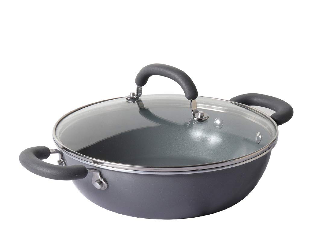 Meyer Anzen Kadai with Glass Lid |Induction Base | Ceramic Coated Non Stick cookware | Deep Fry kadai, 24cm, Grey