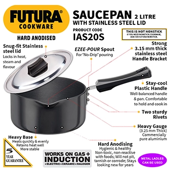 Induction Compatible Hard Anodised Saucepan 2 Litre with Stainless Steel Lid (3.25 mm Thick)