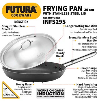 Hawkins Futura Induction Compatible Nonstick Frying Pan 29 cm with Stainless Steel Lid (INFS29S)