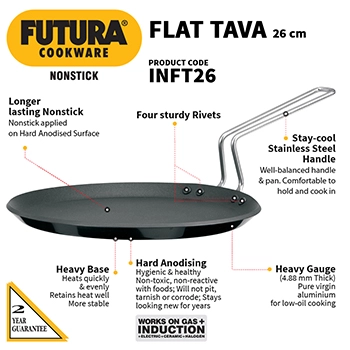 Hawkins Futura 26 cm Non Stick Tawa with Stainless Steel Handle, Induction Tawa Black (INFT26)