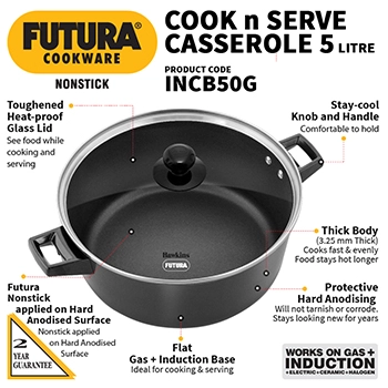 Hawkins Futura 5 Litre Cook n Serve Casserole, Induction, Black (INCB50G)