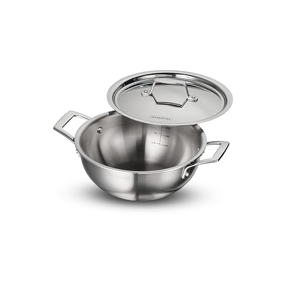 Tramontina AEION 22cm/3L Triply Stainless Steel Deep Kadai with Lid