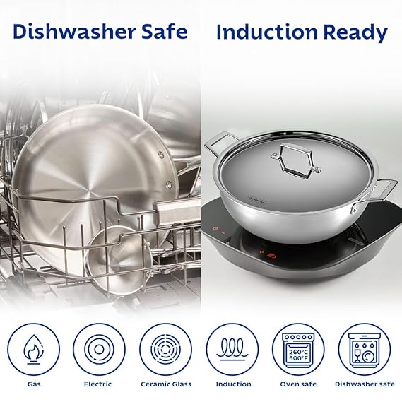 Tramontina AEION 22cm/3L Triply Stainless Steel Deep Kadai with Lid