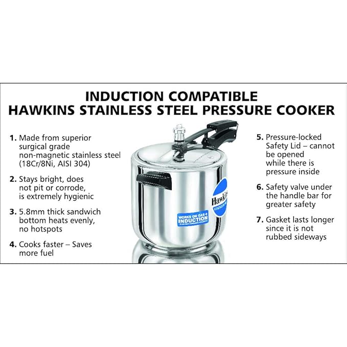 Hawkins 6 Litre Inner Lid Pressure Cooker, Stainless Steel, Induction Cooker, Silver (HSS60)
