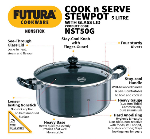Hawkins Futura 5 Litre Cook N Serve Stewpot, Non Stick Pot with Glass Lid