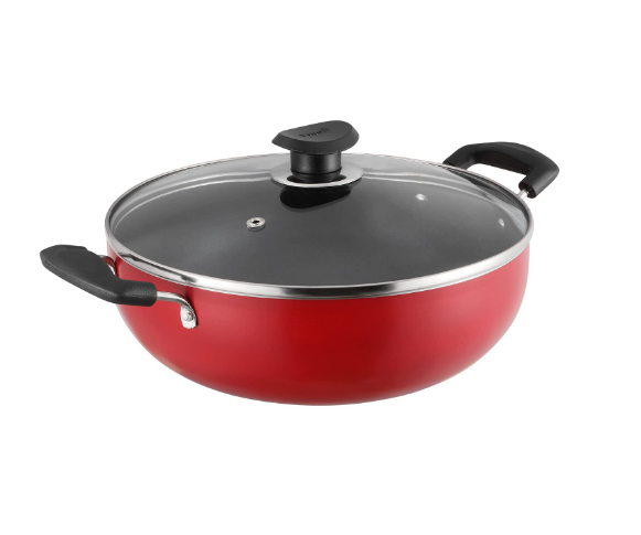 Vinod Zest Inducto Non Stick Deep Kadhai with Glass Lid - 5.5 Litre, 28cm