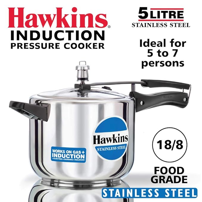 HAWKINS Stainless Steel Tall Pressure Cooker, Silver with Stainless Steel Pressure Cooker, 5 liters