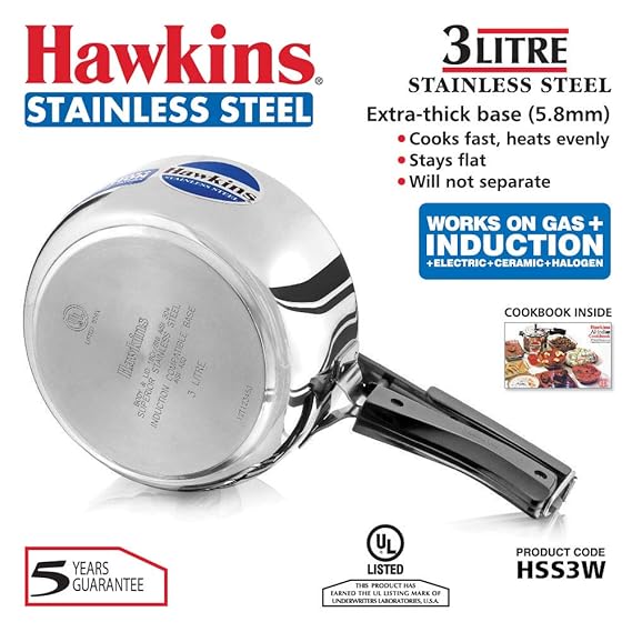 Hawkins 3 Litre Inner Lid Pressure Cooker, Stainless Steel Cooker, Induction Cooker, Silver