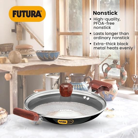FUTURA Hawkins Breakfast Pan with Glass Lid, Nonstick Cookware, Appachatty, Chetty Pan, Appam Patra