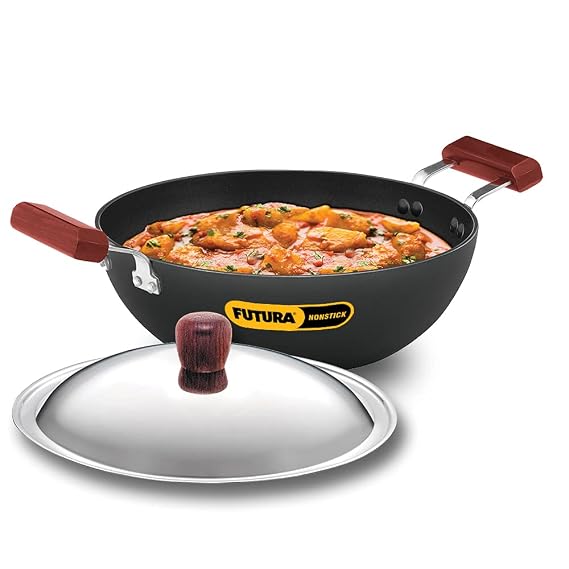 Hawkins Futura 3.5 Litre Deep Kadhai, Non Stick Kadai with Stainless Steel Lid, Flat Bottom Induction Kadhai, Black