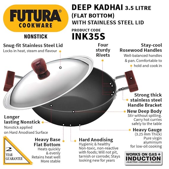 Hawkins Futura 3.5 Litre Deep Kadhai, Non Stick Kadai with Stainless Steel Lid, Flat Bottom Induction Kadhai, Black